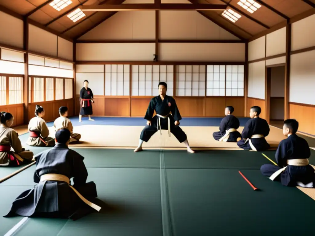 En un dojo de artes marciales, el sensei samurai enseña técnicas de supervivencia a sus estudiantes con reverencia y determinación