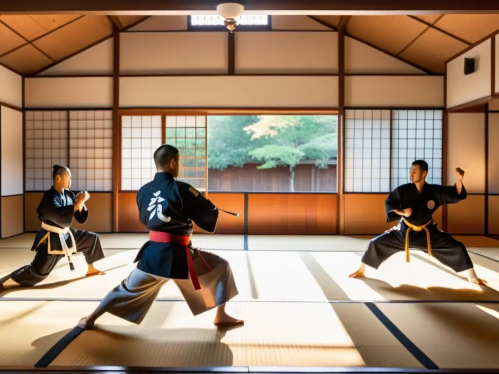 Un dojo contemporáneo bañado por la luz del sol, donde artistas marciales practican el bushido