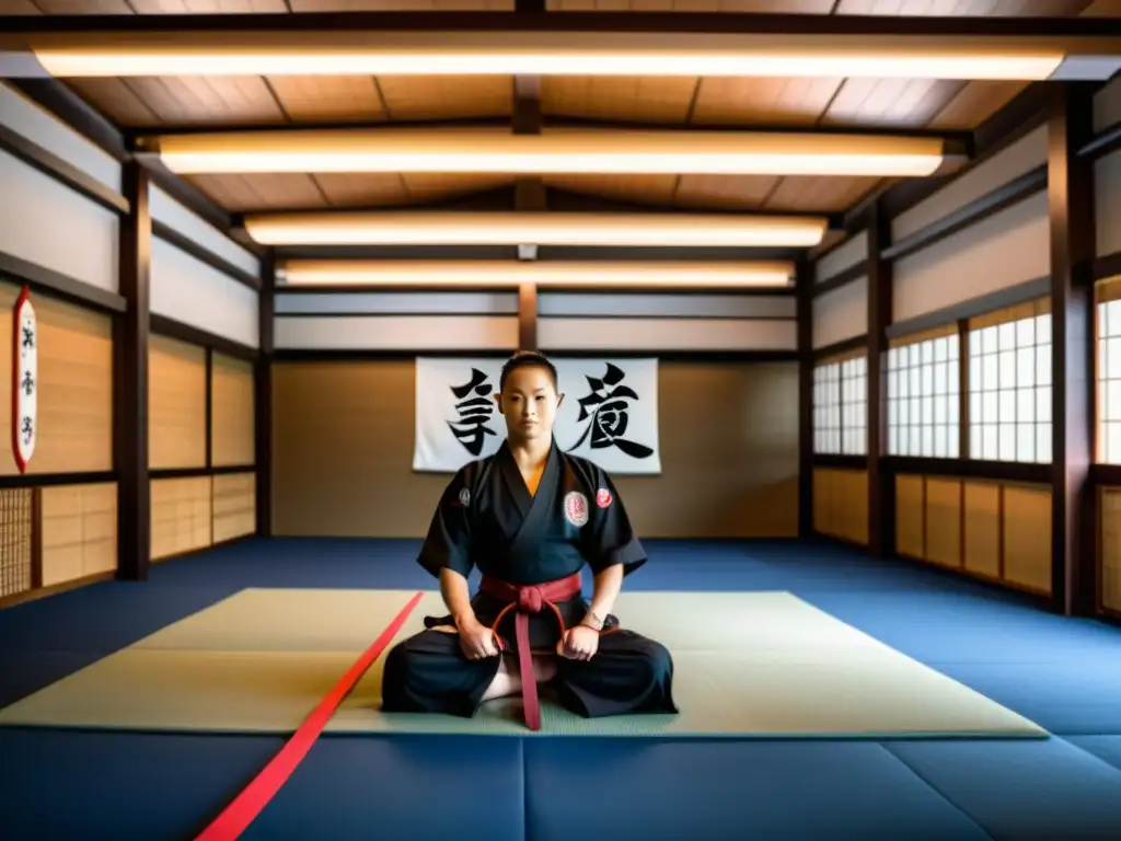 Un dojo contemporáneo con influencias samurái, estudiantes practicando artes marciales