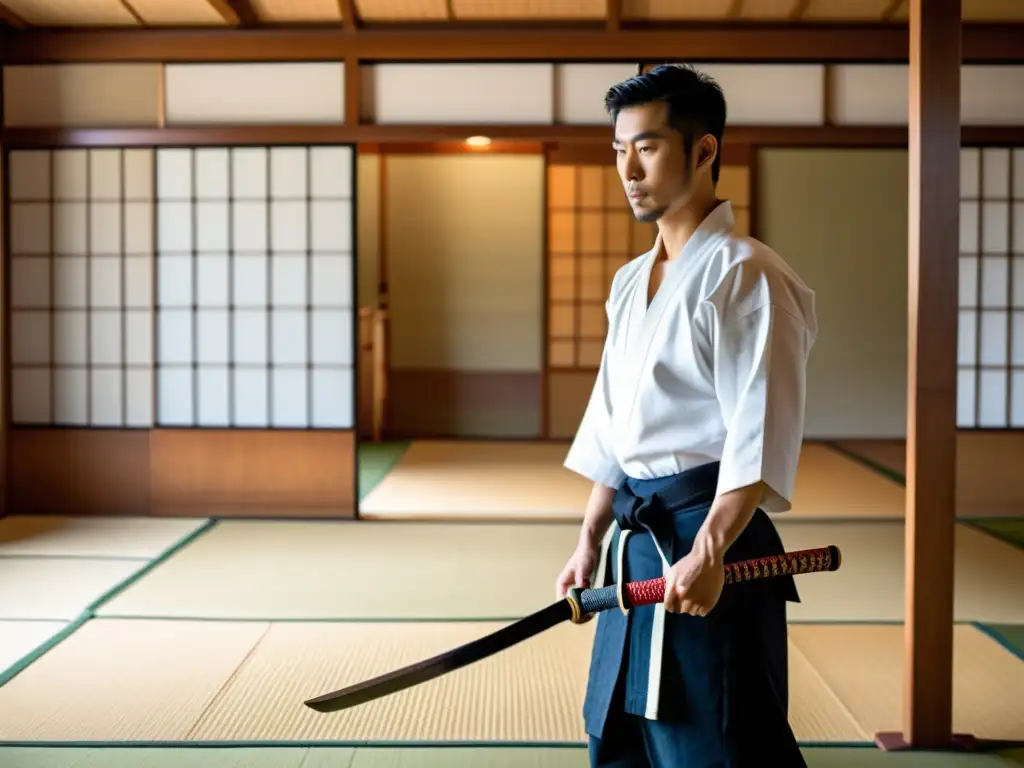 Un dojo de Iaido para entrenar: un ambiente sereno con shoji y tatamis donde un sensei y sus estudiantes practican con precisión