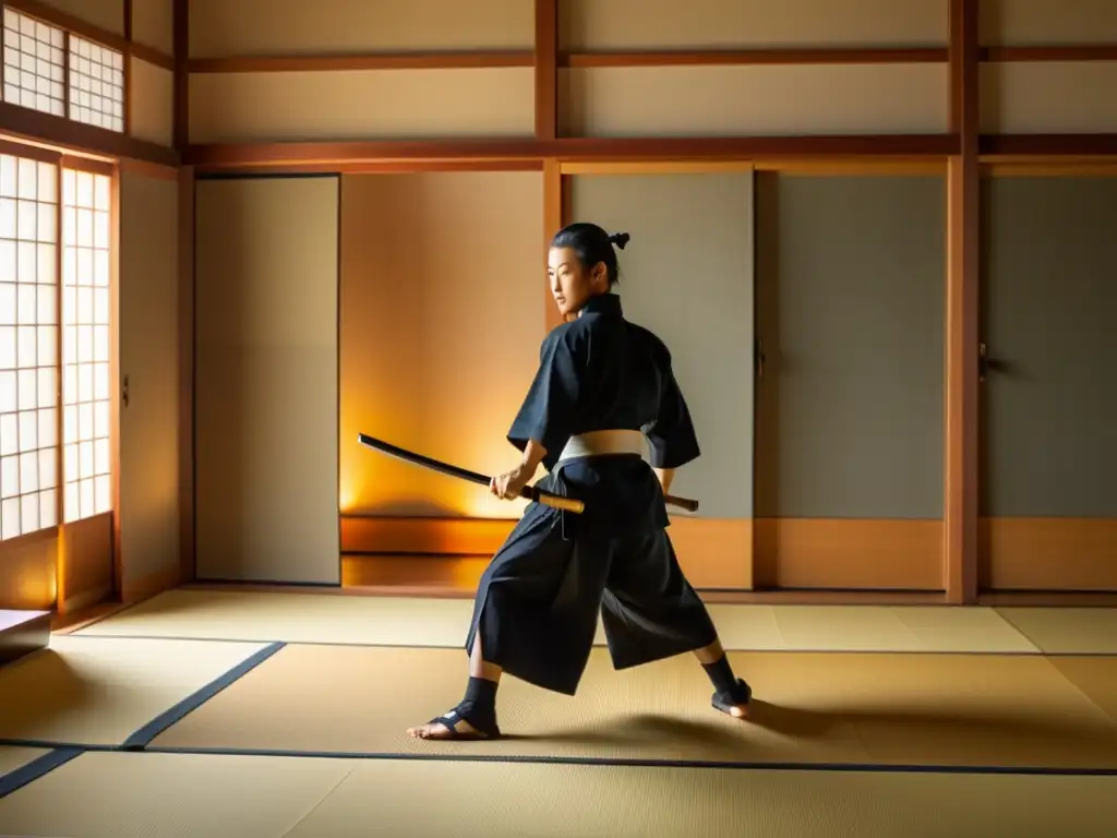 Un dojo de Iaido para entrenar, con estudiantes practicando con gracia y concentración, mientras el sensei observa con sabiduría y disciplina