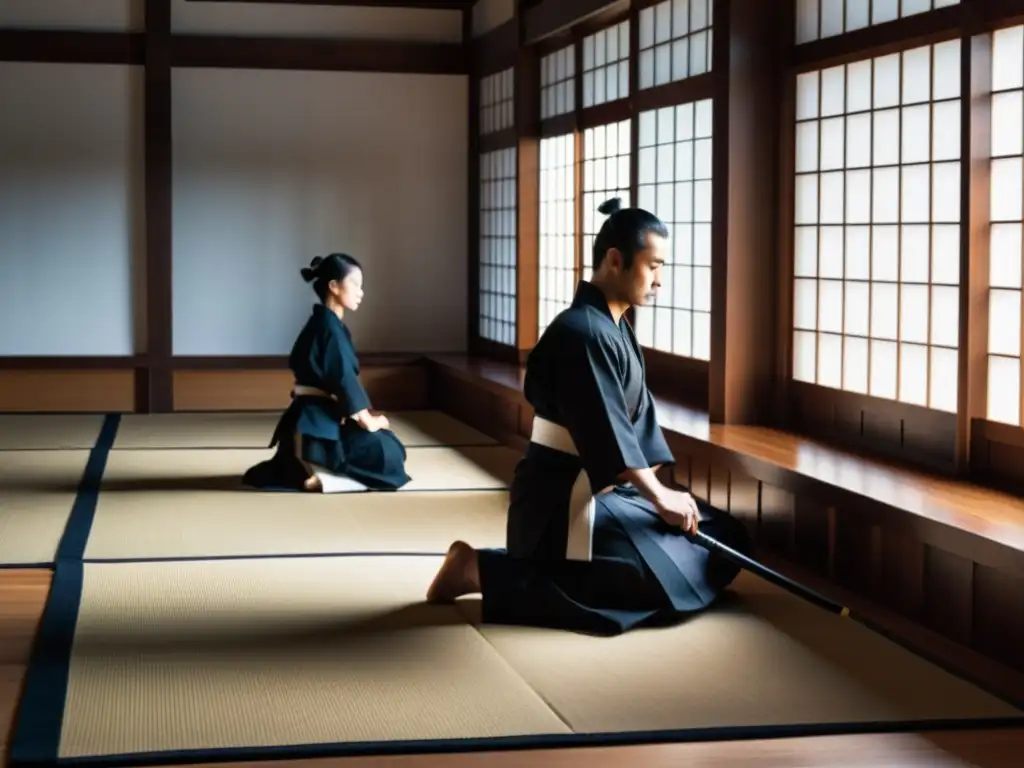 En un dojo de Iaido, maestros del Iaido en la cultura samurái practican con serenidad y precisión, envueltos en una atmósfera de tradición atemporal