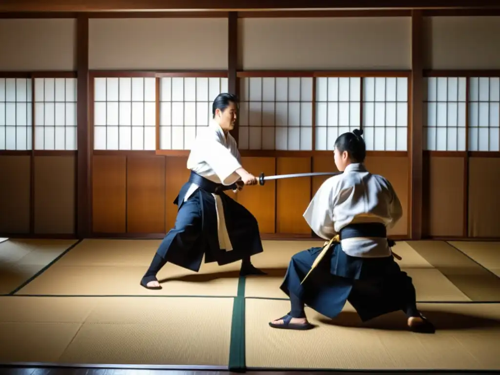 En el dojo de Iaido, los practicantes se entrenan con concentración y reverencia, mientras el sensei demuestra una técnica fluida con la espada