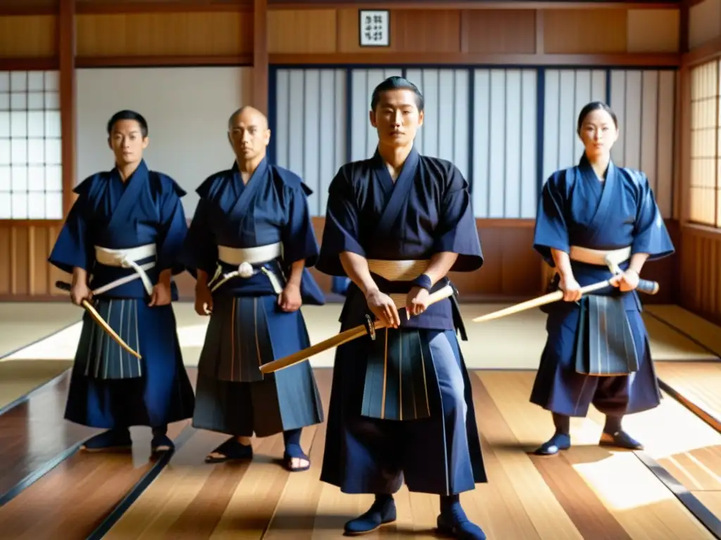 Un dojo iluminado por el sol, practicantes de kendo en uniformes tradicionales blancos e índigo, con expresiones concentradas y listos con sus espadas de bambú