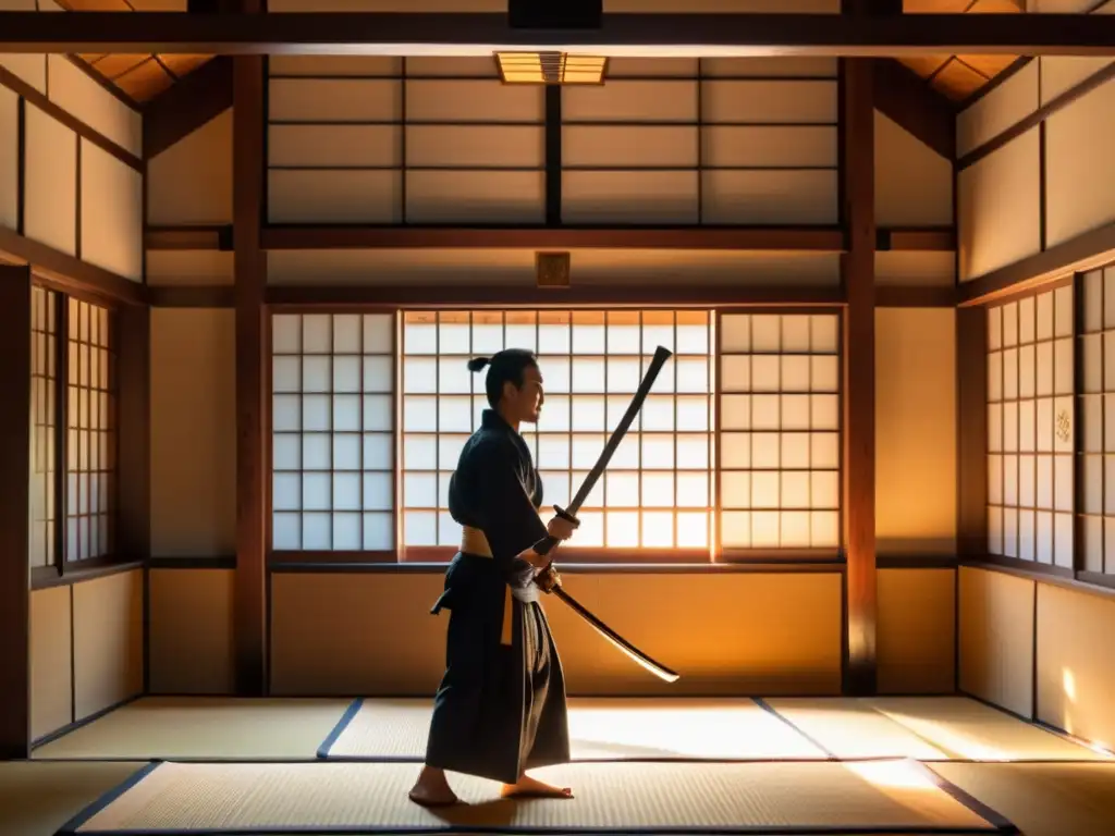 Un dojo japonés antiguo con armas Naginata tradicionales ordenadas en la pared