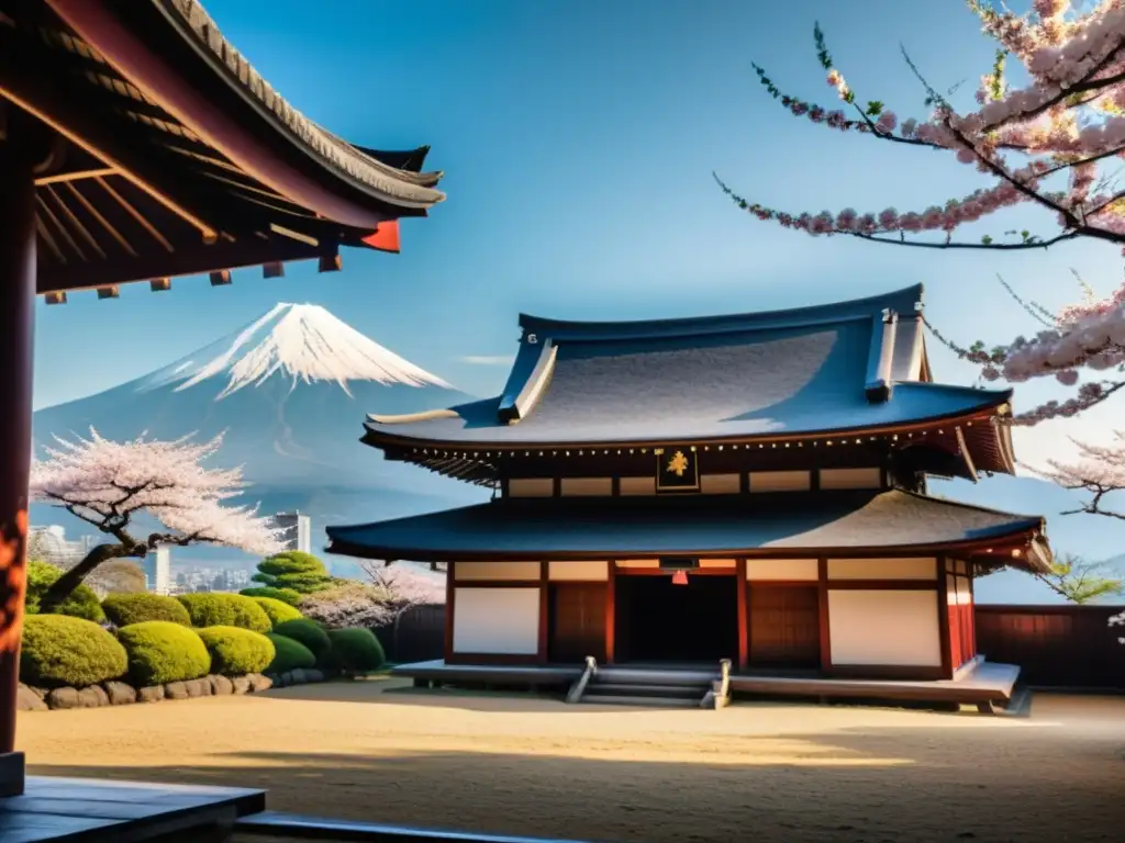 Un dojo japonés antiguo con samuráis entrenando en medio de cerezos en flor y el Monte Fuji al fondo