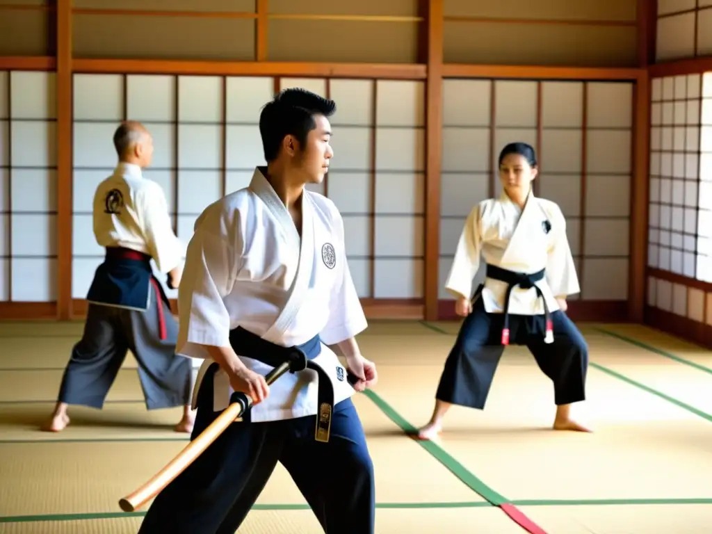 En un dojo japonés, una guía de principiantes dirige un kata de Naginatajutsu