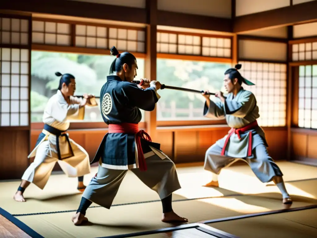 Un dojo japonés iluminado por la luz natural, donde guerreros samuráis entrenan con disciplina y determinación