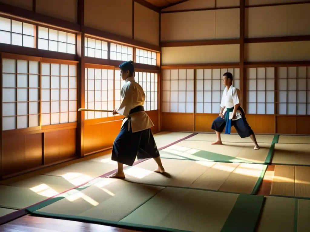 En un dojo japonés, jóvenes practican kendo bajo la guía de un sabio sensei, inculcando valores samurai para la juventud