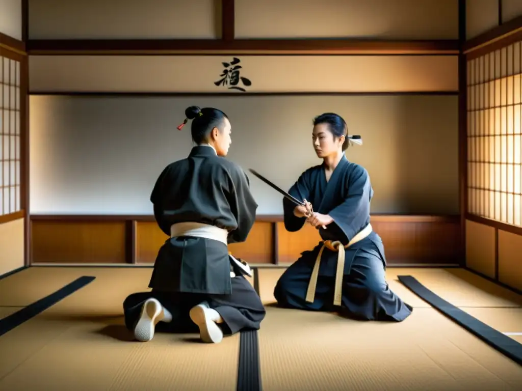 Un dojo japonés con maestro y aprendiz practicando una técnica de espada, reflejando la relación maestro-aprendiz en la cultura samurái