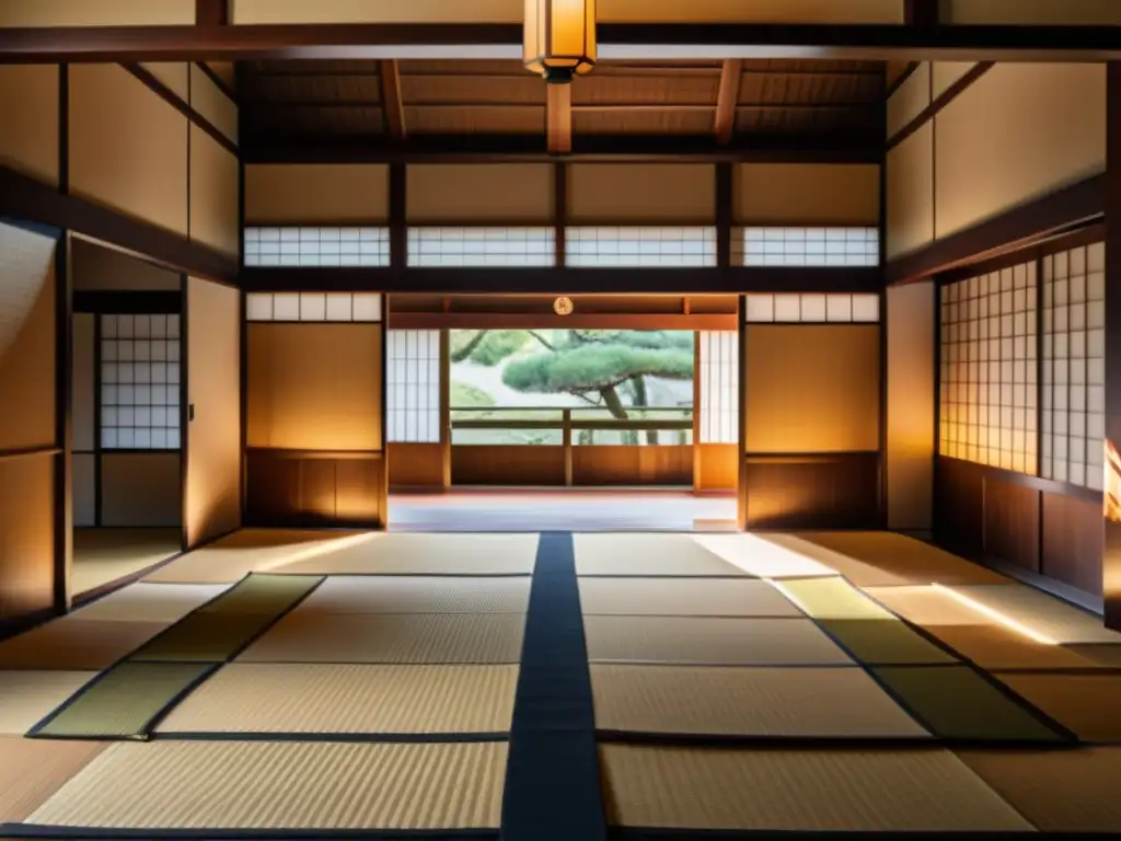 Un dojo japonés del período Edo con guerreros samuráis practicando técnicas de artes marciales