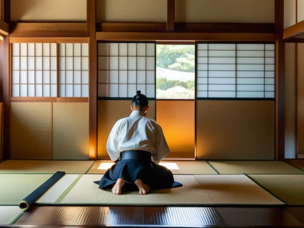 En el dojo japonés, un practicante de iaido en seiza con su katana