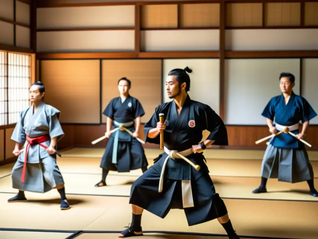 En un dojo japonés, practicantes con trajes de samurái realizan técnicas de combate Naginatajutsu tradicional bajo la atenta mirada del sensei