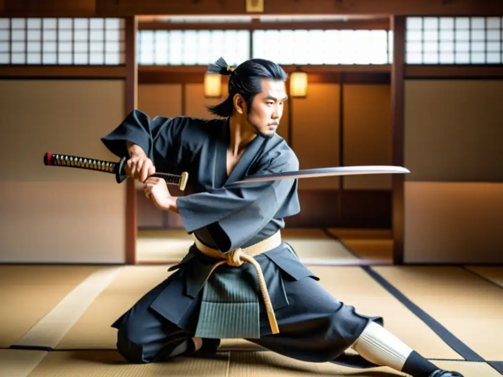 En un dojo japonés, un samurái entrenando intensamente con su katana mientras sus estudiantes observan con respeto