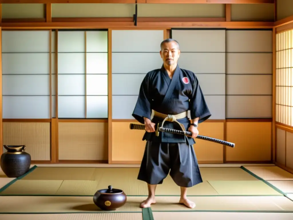 En un dojo japonés, un sensei y sus alumnos practican kenjutsu bajo la luz natural, creando un ambiente de entrenamiento samurái auténtico vivo