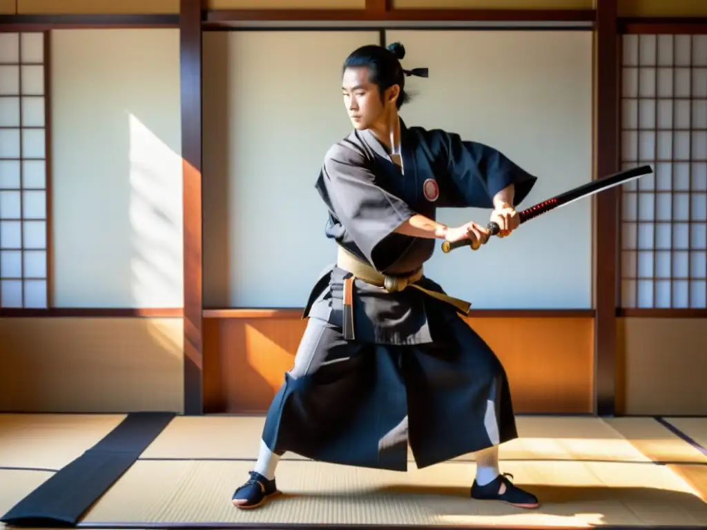 En un dojo japonés, el sensei realiza una precisa kata de iaido con su katana mientras los estudiantes observan con respeto y disciplina