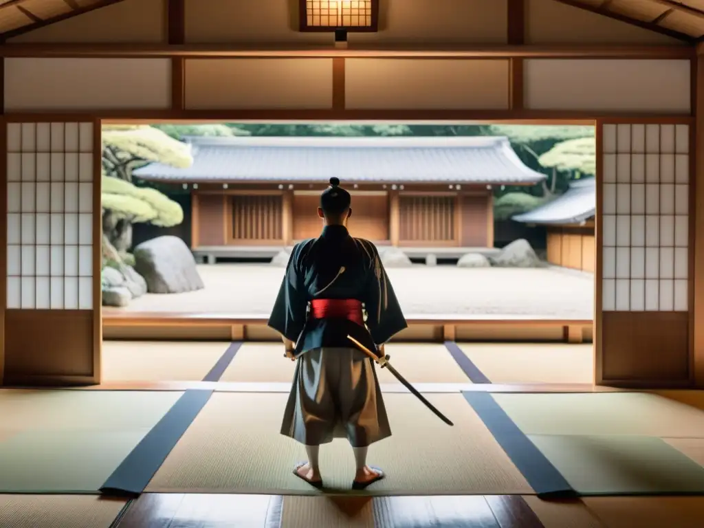 Un dojo japonés sereno con samuráis entrenando, exudando disciplina mental en la formación samurai