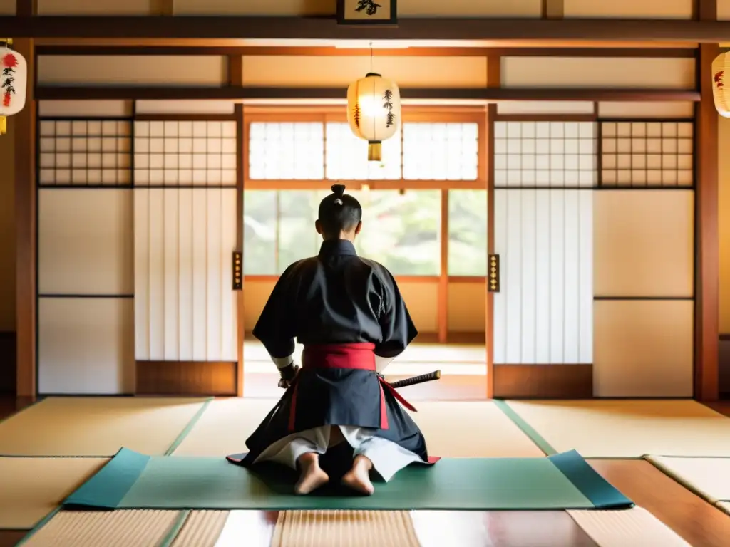 Un dojo japonés tradicional con alumnos y un sensei practicando disciplina samurái en la vida diaria, rodeados de una atmósfera serena y contemplativa