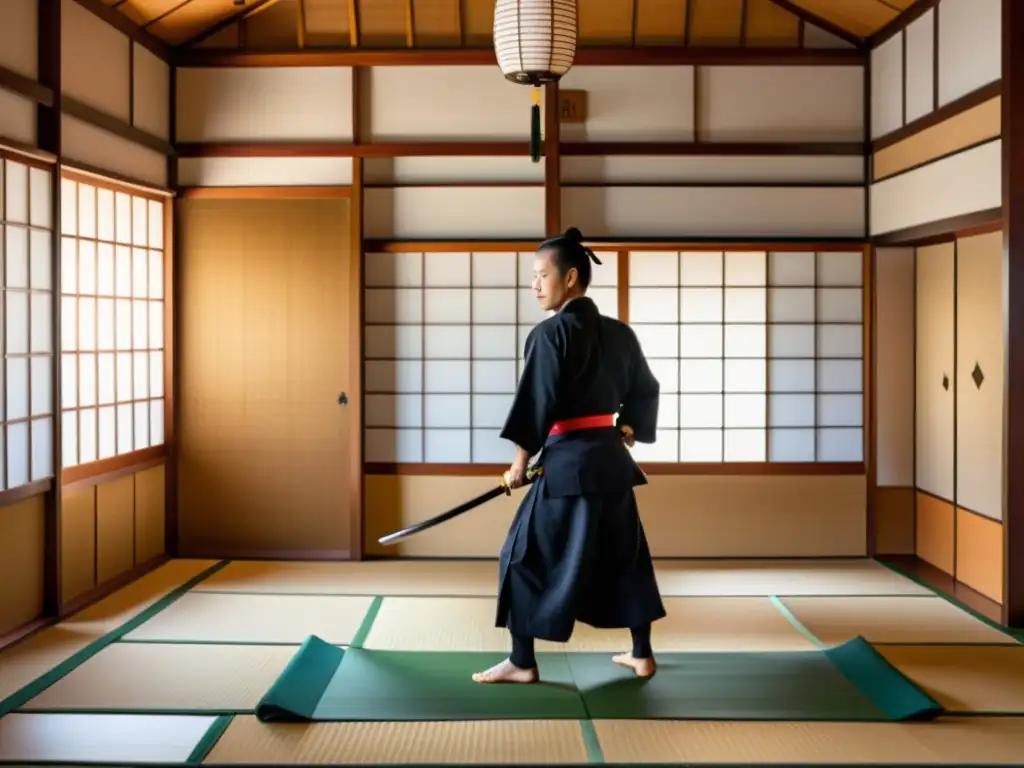 Un dojo japonés tradicional con un ambiente sereno y practicantes dedicados demostrando las técnicas esenciales del Iaido samurái