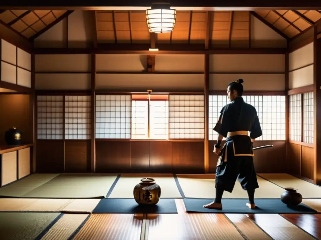 Un dojo japonés tradicional con armadura samurái y armas de artes marciales