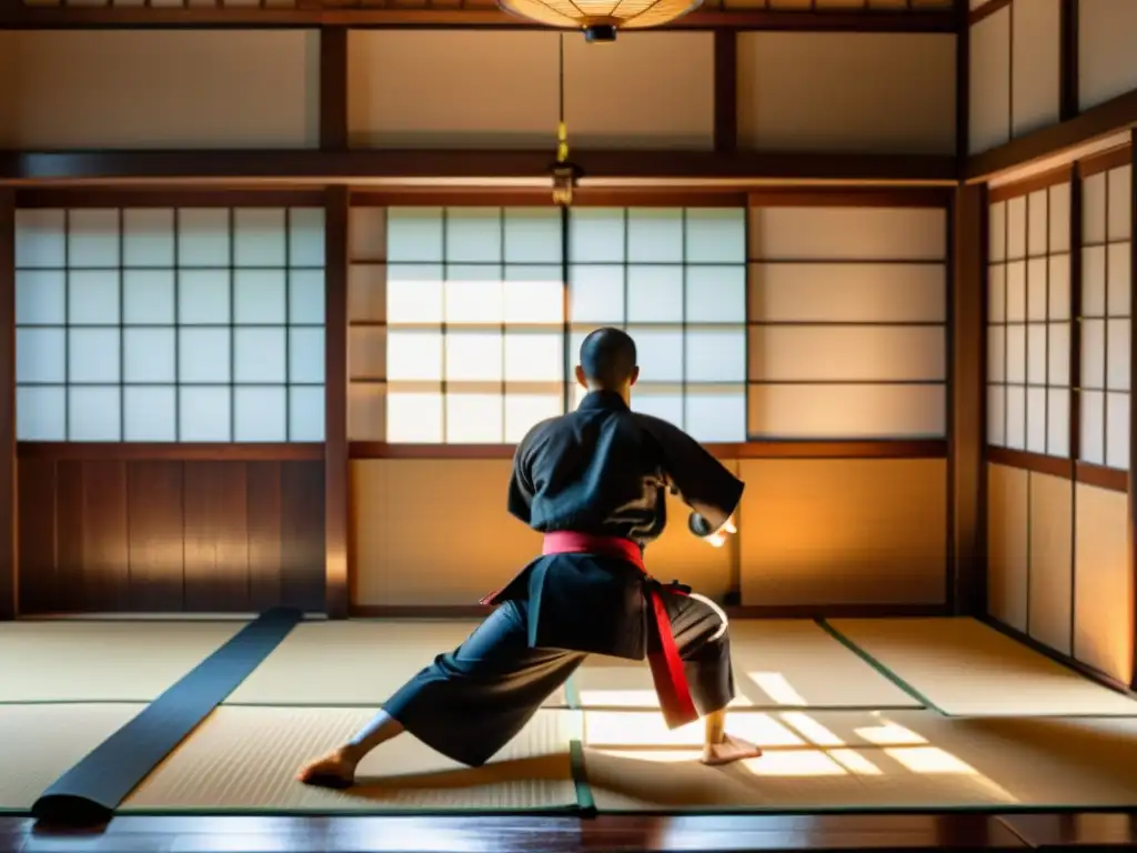 Un dojo japonés tradicional con artistas marciales entrenando en armadura samurái, rodeados de artefactos históricos y pergaminos de Bushido