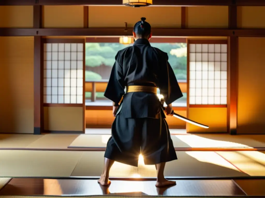 Un dojo japonés tradicional bañado en suave luz dorada, con samuráis practicando técnicas mientras el sensei lidera la sesión