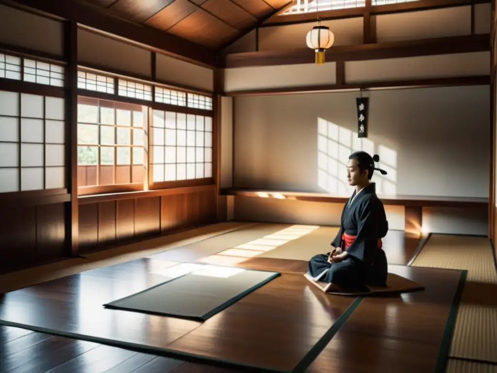 Un dojo japonés tradicional en blanco y negro con un samurái en profunda meditación, evocando disciplina mental en la formación samurái