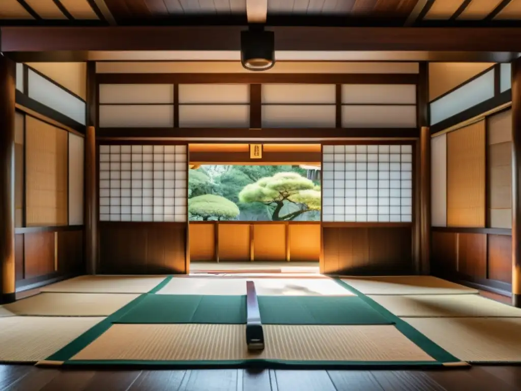 Un dojo japonés tradicional con detalles de 8k, armas antiguas y artistas marciales practicando técnicas samurái bajo la luz cálida