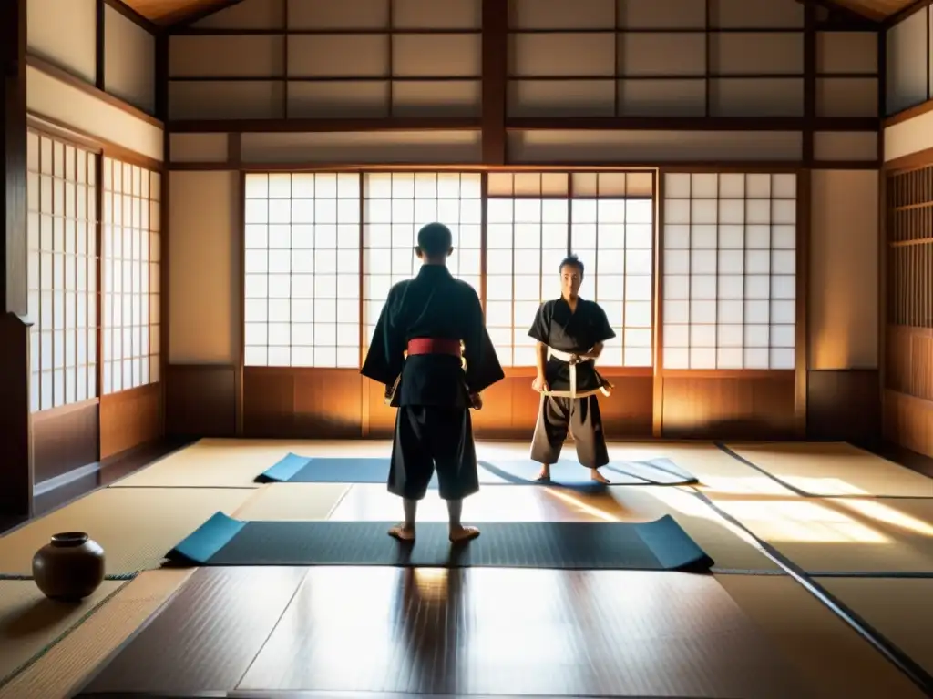 Un dojo japonés tradicional con entrenamiento de samuráis y ninjas