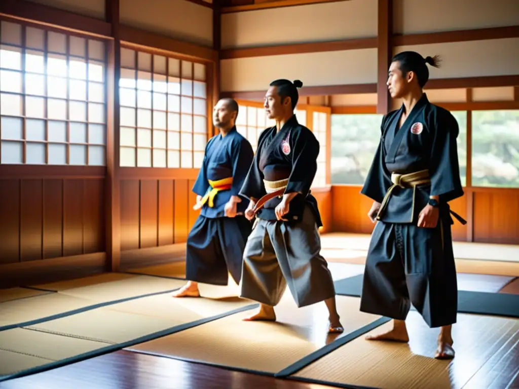 Un dojo japonés tradicional, con entrenamiento marcial en trajes samurai, evoca disciplina y tradición samurai