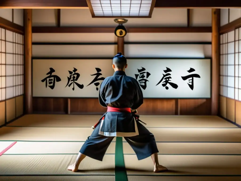 Un dojo japonés tradicional con estudiantes y sensei practicando artes marciales, reflejando la disciplina y respeto del Bushido