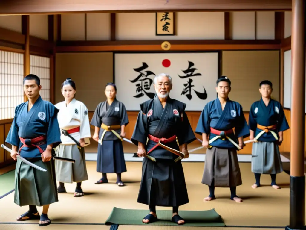 Un dojo japonés tradicional con estudiantes practicando el camino del samurái bajo la guía de un sabio sensei