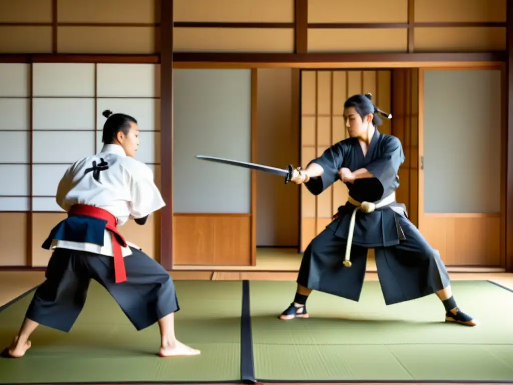 Un dojo japonés tradicional donde estudiantes con atuendos samurái practican con intensidad, siguiendo las enseñanzas del sensei