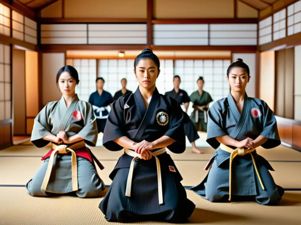 Un dojo japonés tradicional con estudiantes practicando artes marciales bajo la guía de un sensei, rodeados de armaduras, armas y pergaminos