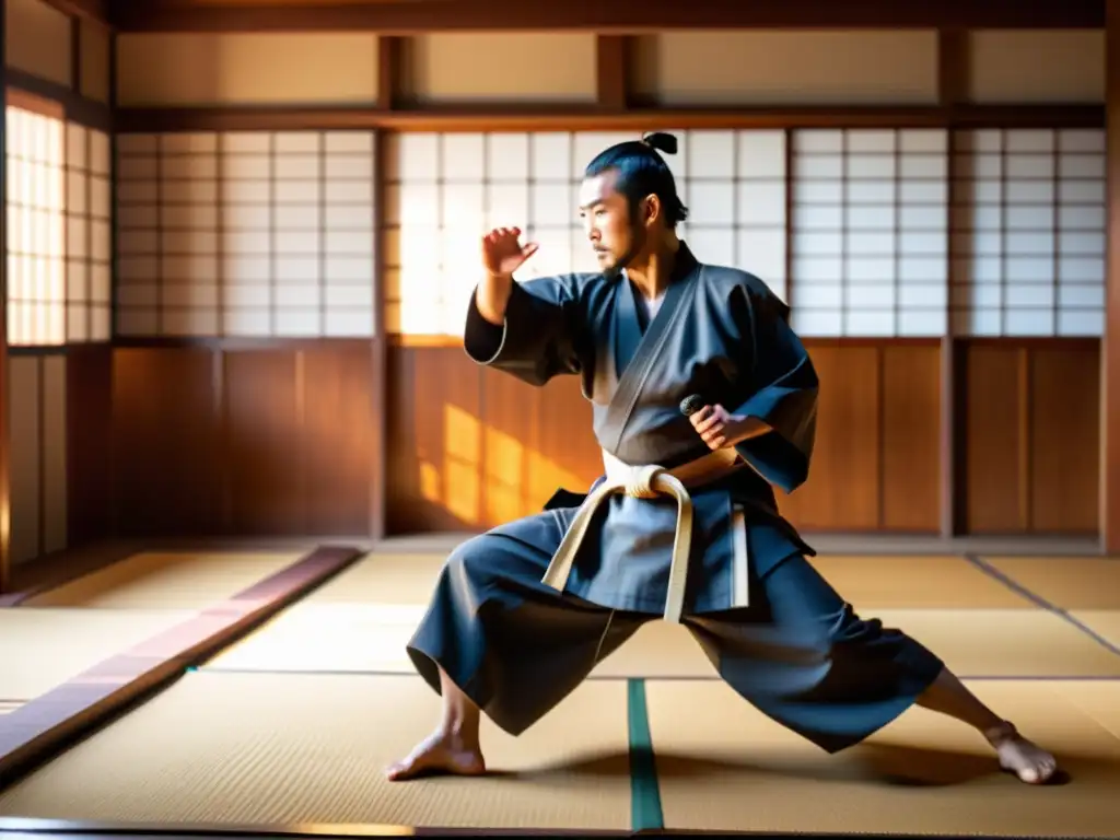 Un dojo japonés tradicional con maestros samuráis y estudiantes en un intenso combate, capturando la autenticidad de la cultura samurái