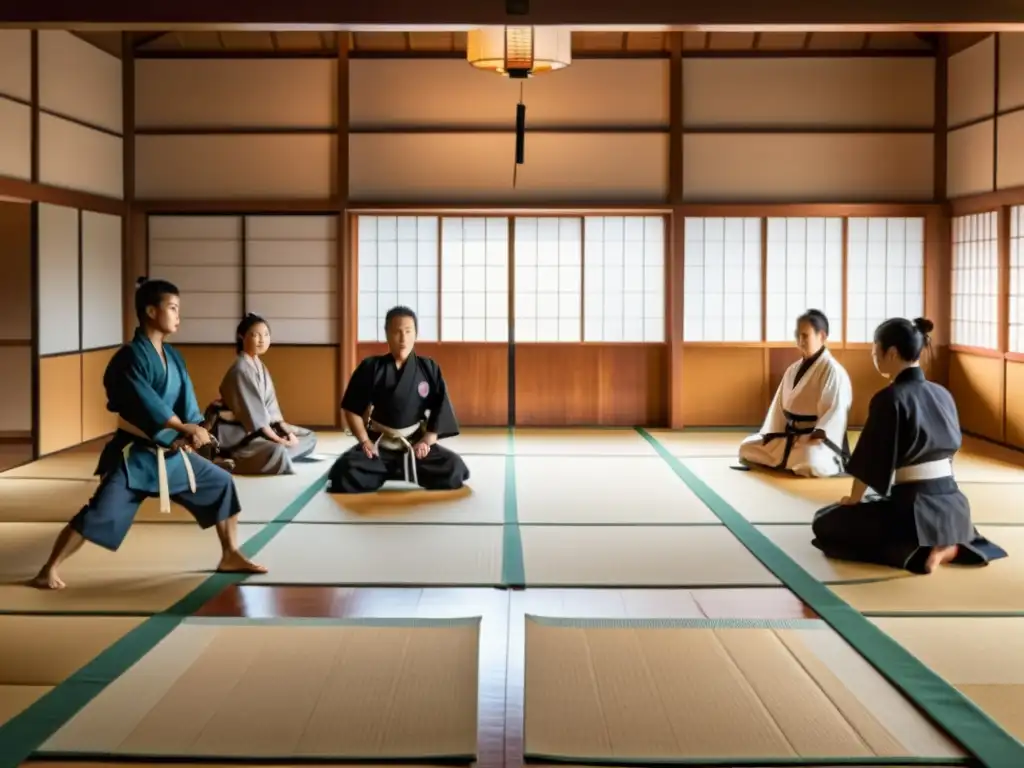 Un dojo japonés tradicional con estudiantes concentrados practicando técnicas de espada bajo la guía de un sabio sensei