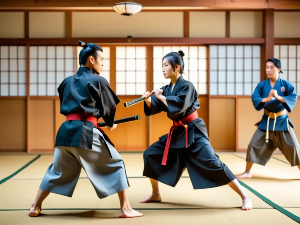 Un dojo japonés tradicional con estudiantes samuráis en formación, capturando la disciplina y sabiduría de la cultura samurái