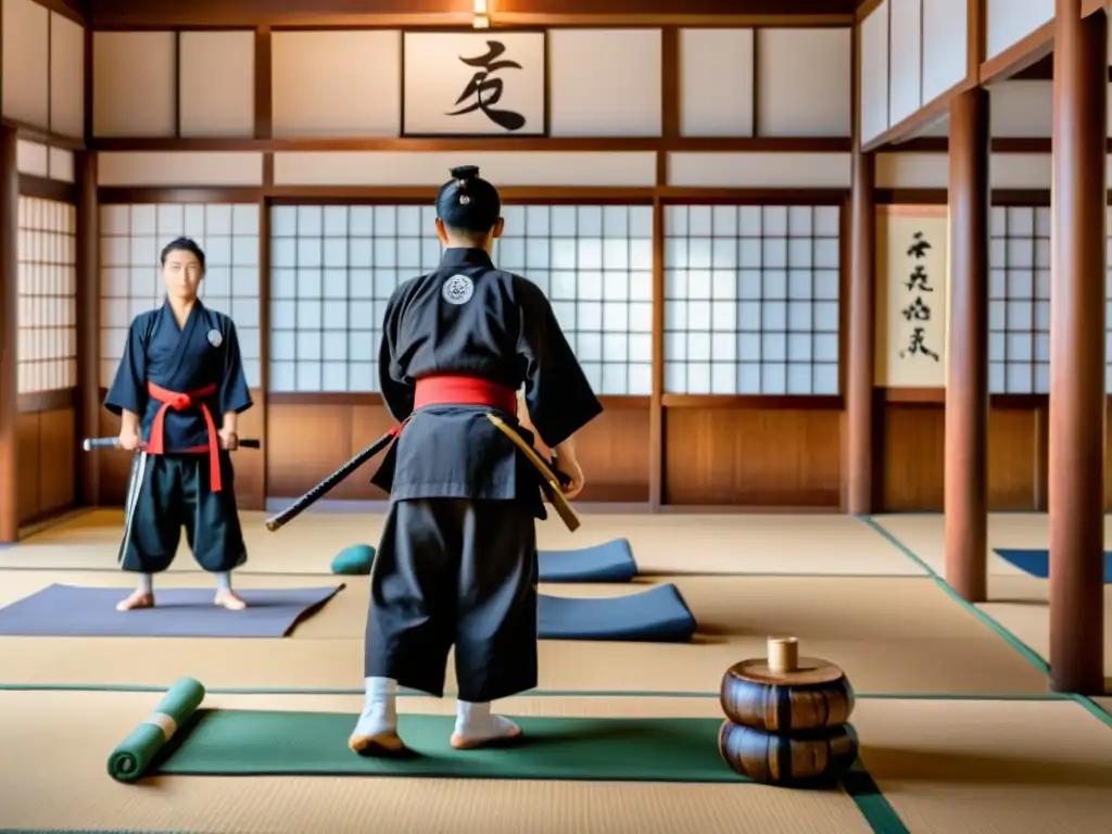 Un dojo japonés tradicional con estudiantes de artes marciales practicando técnicas samurái, evocando disciplina y tradición
