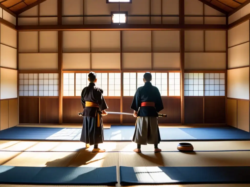 Un dojo japonés tradicional con estudiantes y un sensei practicando la disciplina y filosofía del Kendo samurái