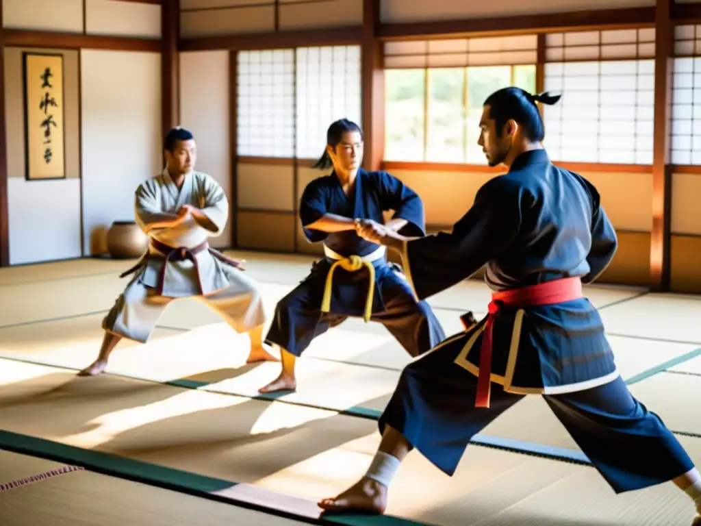 Un dojo japonés tradicional, con guerreros samuráis practicando artes marciales, creando una atmósfera enfocada y serena