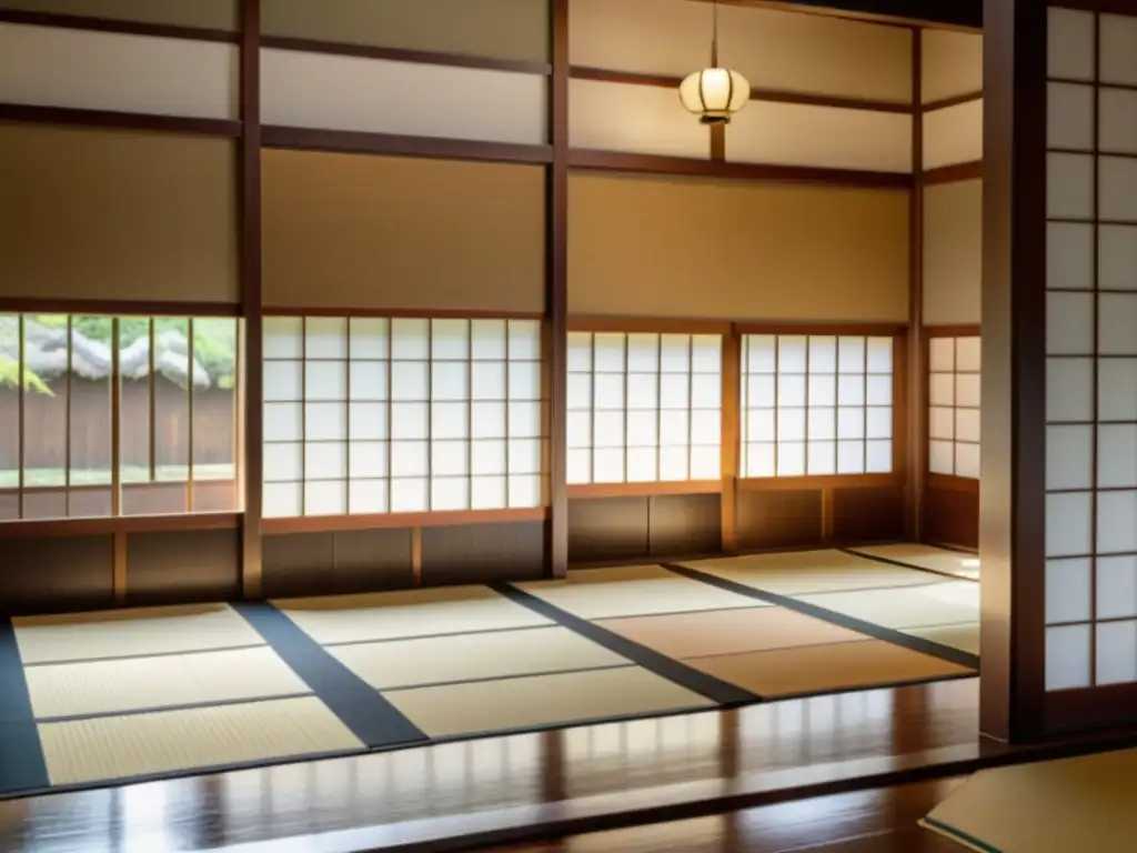 Un dojo japonés tradicional con guerreros samurái practicando artes marciales, reflejando la conexión entre Zen y Artes Marciales