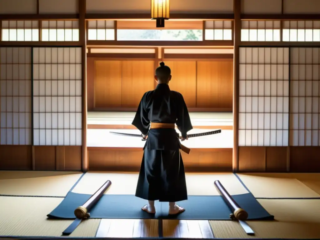 Un dojo japonés tradicional iluminado con luz tenue, donde un sensei en atuendo samurái instruye a sus estudiantes en el arte de la espada samurai