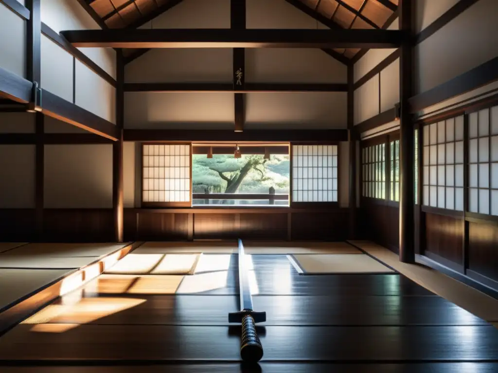 Un dojo japonés tradicional iluminado por el sol, con una espada samurái descansando en el suelo