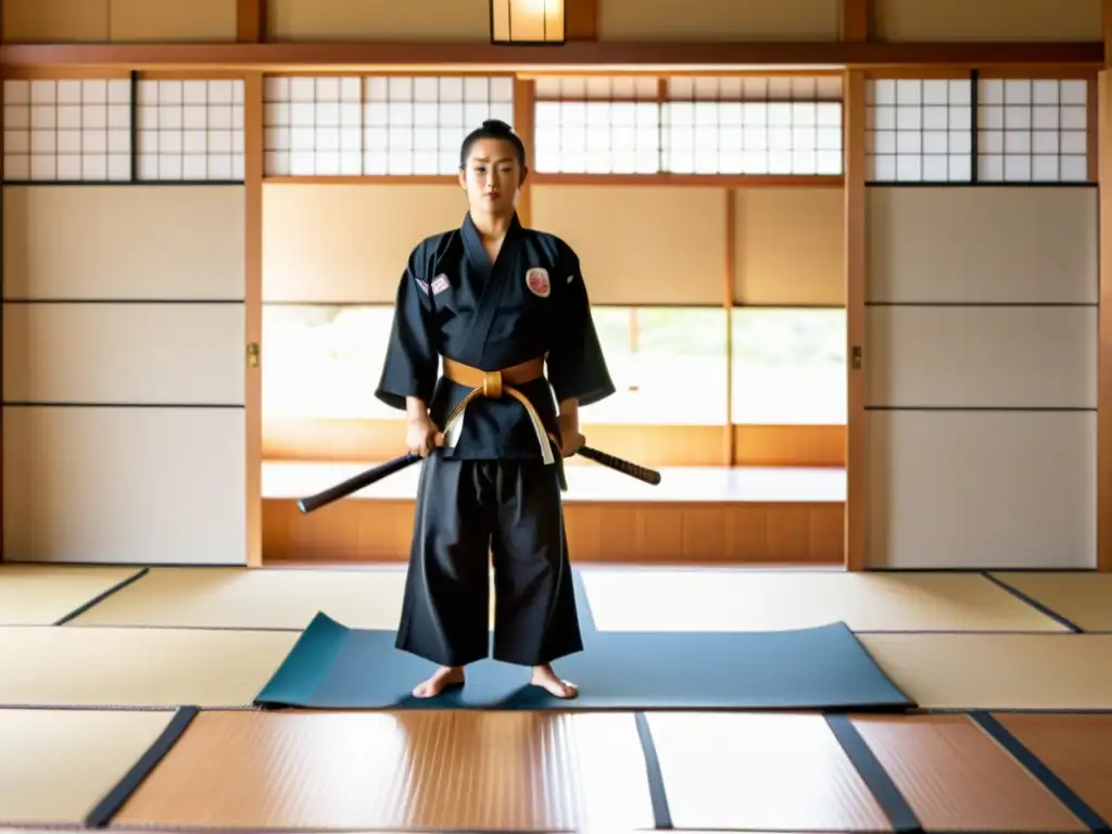 Un dojo japonés tradicional iluminado por la luz natural, con una katana reluciente en exhibición y equipo de entrenamiento de artes marciales