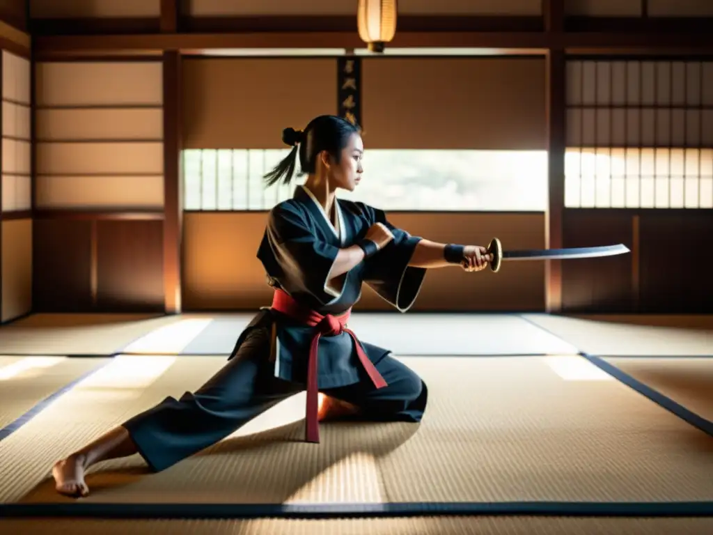 Guerreras samurái en dojo: empoderamiento femenino Un dojo japonés tradicional iluminado con luz tenue, guerreras samurái practicando artes marciales con katanas