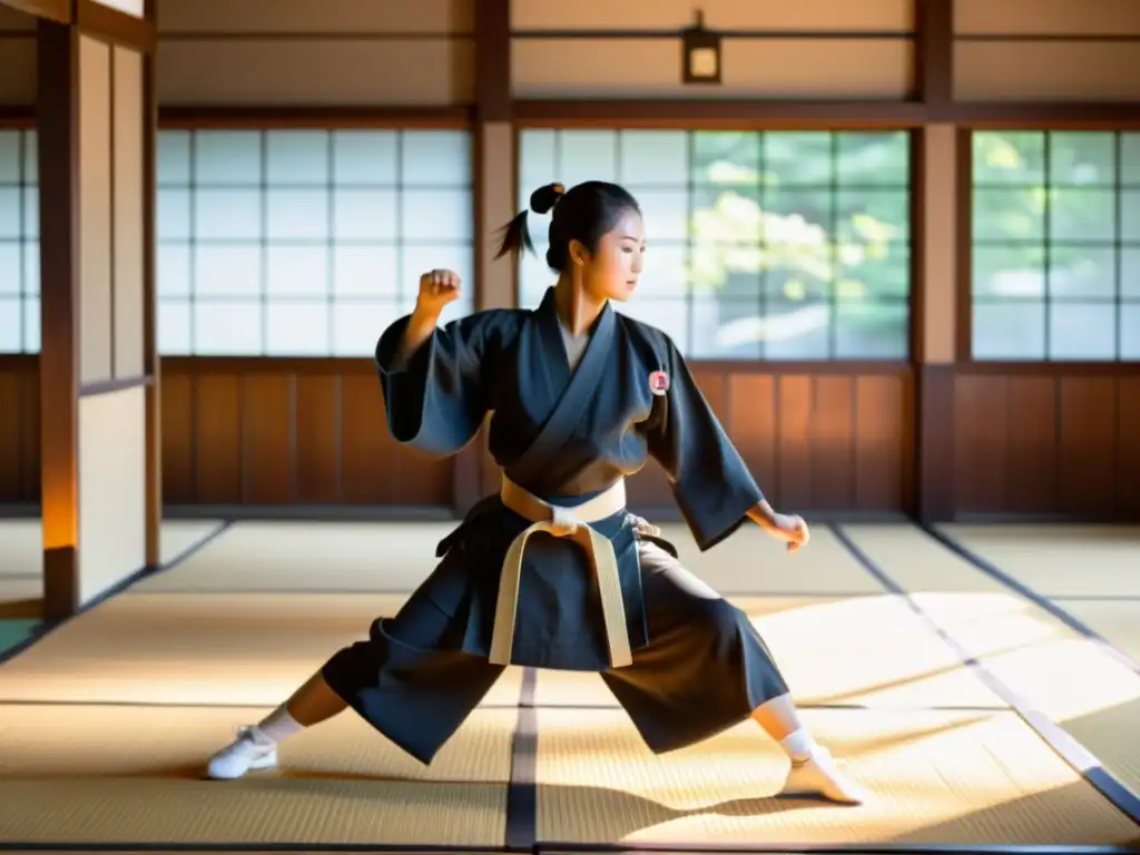 Un dojo japonés tradicional iluminado por la luz natural, con mujeres samuráis practicando artes marciales con determinación y feminidad