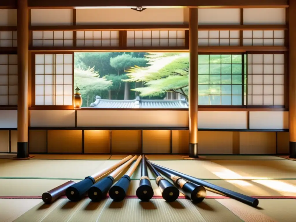 Un dojo japonés tradicional iluminado por luz natural, con practicantes de kendo y un sensei, muestra la importancia del Kendo en la cultura pop