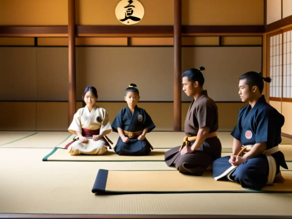 En un dojo japonés tradicional, jóvenes aprendices samuráis reciben instrucción de su sensei, en un ambiente de disciplina y dedicación a la crianza y educación futuros samuráis