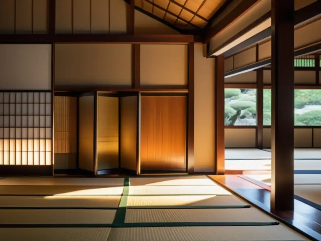 Un dojo japonés tradicional con katanas brillantes, donde el sensei muestra la historia y filosofía de los samuráis