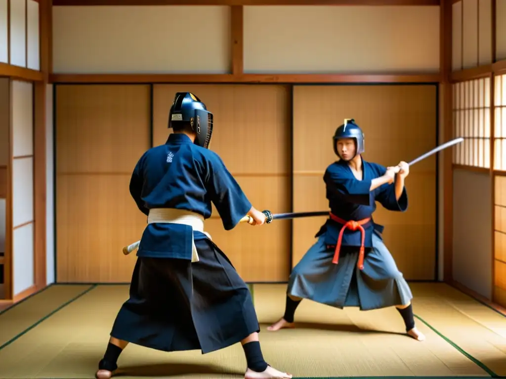 Un dojo japonés tradicional lleno de estudiantes practicando kendo con espadas de bambú